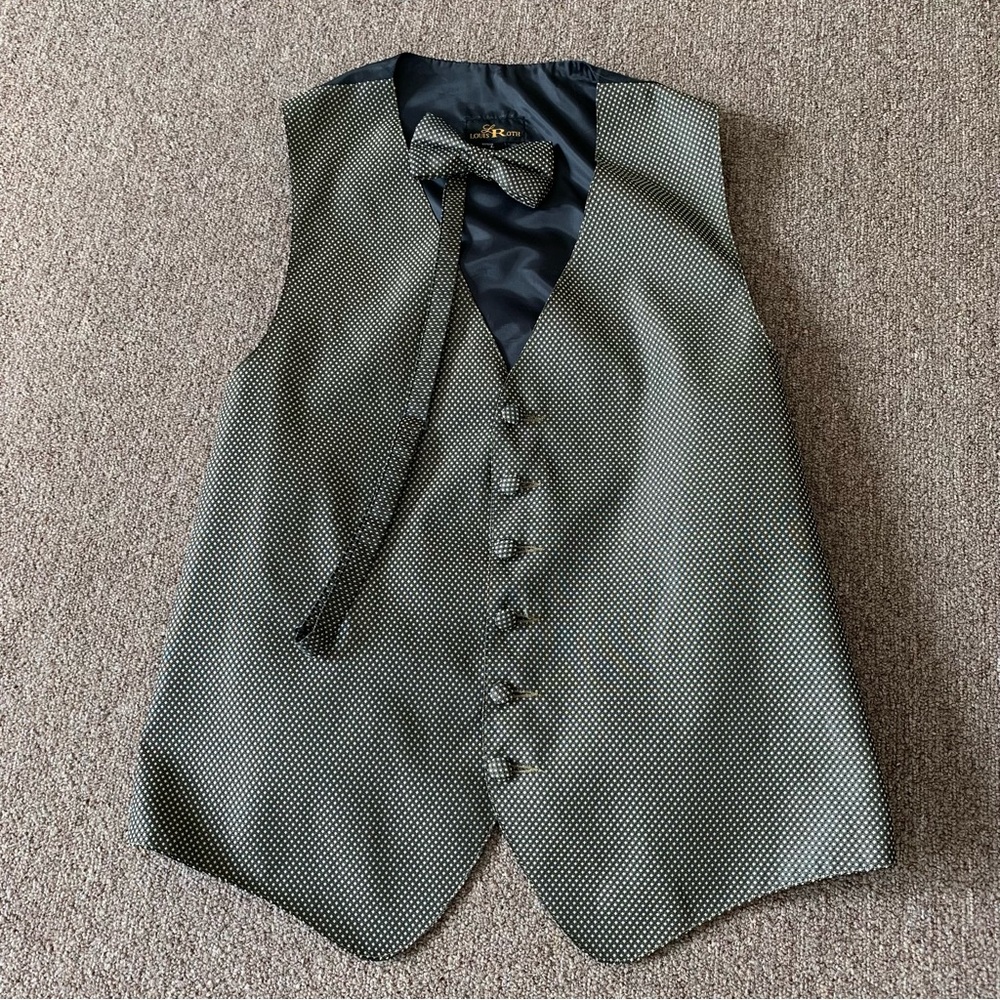 LOUIS ROTH mens L dress vest & bow‎ tie set fabric Polyester Gold Black